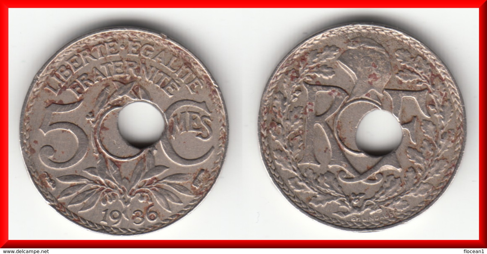 FAUTEE - DECENTREE **** 5 CENTIMES 1936 LINDAUER AVEC TROU DECENTRE **** EN ACHAT IMMEDIAT !!! - Errores Y Curiosidades