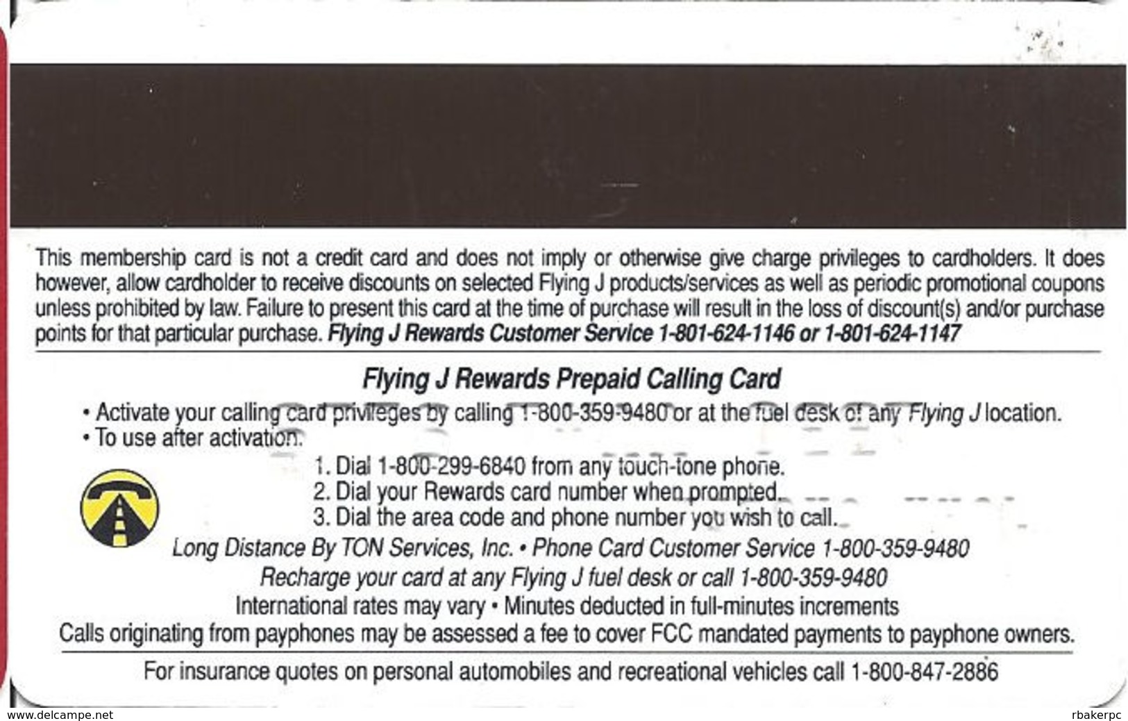 Flying J Rewards Prepaid Calling Card - Preferred Customer Member - RoadLink - Other & Unclassified