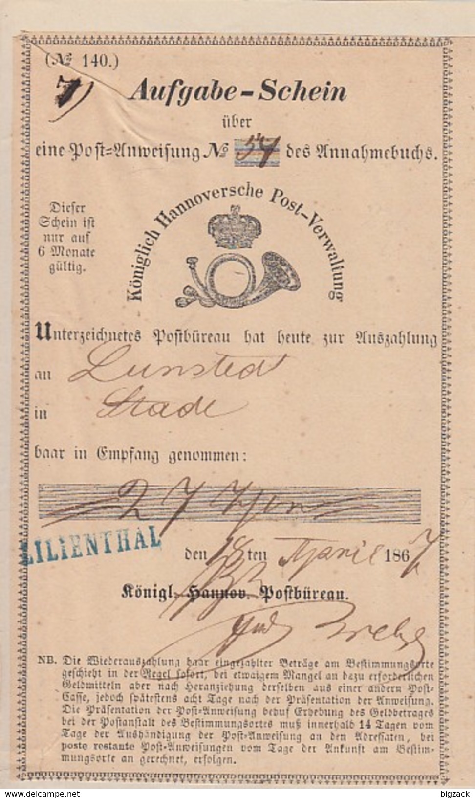 Hannover Einlieferungsschein L1Lilienthal 28.4.1867 - Hannover