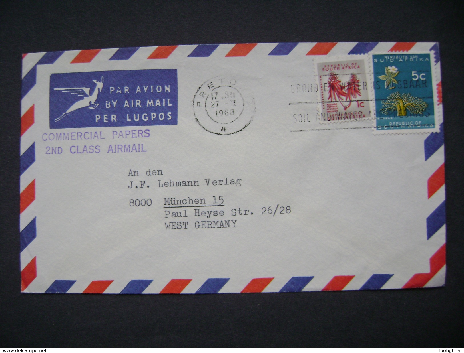 Airmail Letter Sent From Pretoria To Germany 1968 - Stamp 1 C + 5 C - Poste Aérienne