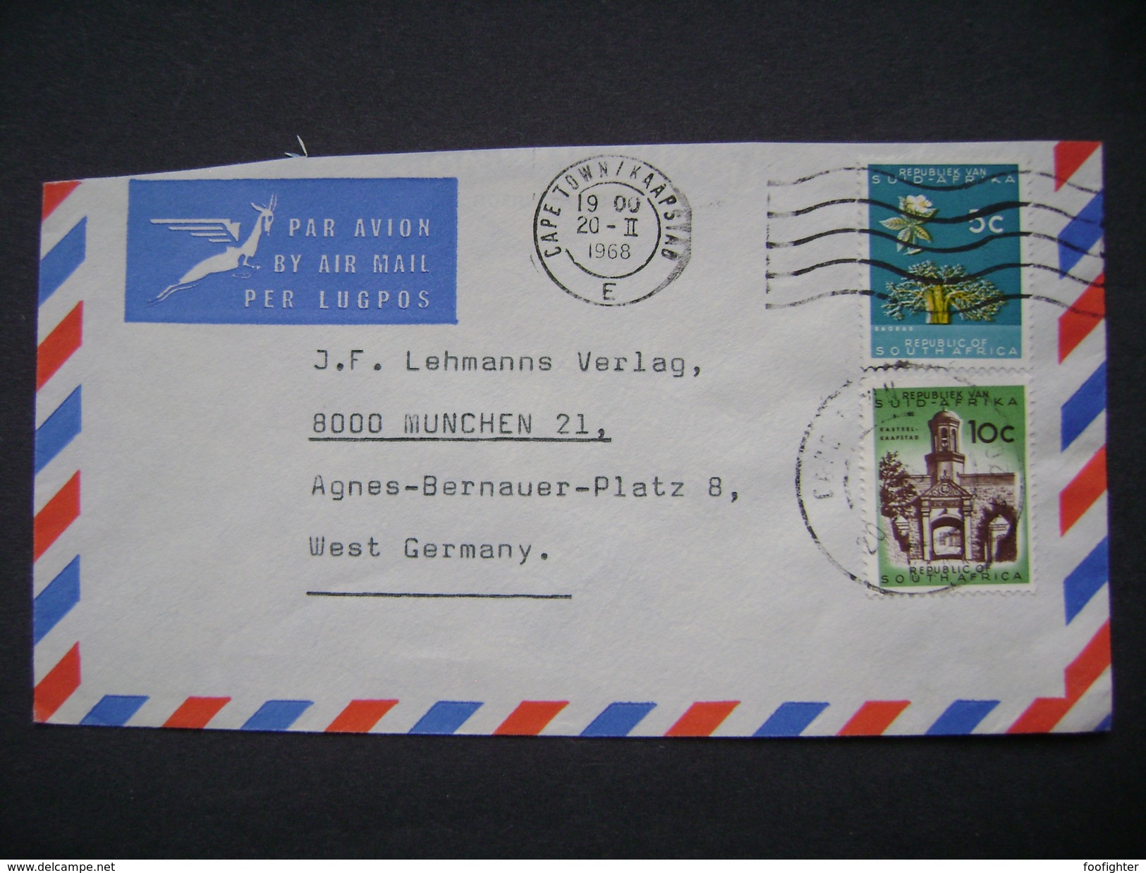 Airmail Letter Sent From Cape Town / Kaapstad To Germany 1968 - Stamp 10 C + 5 C - Posta Aerea