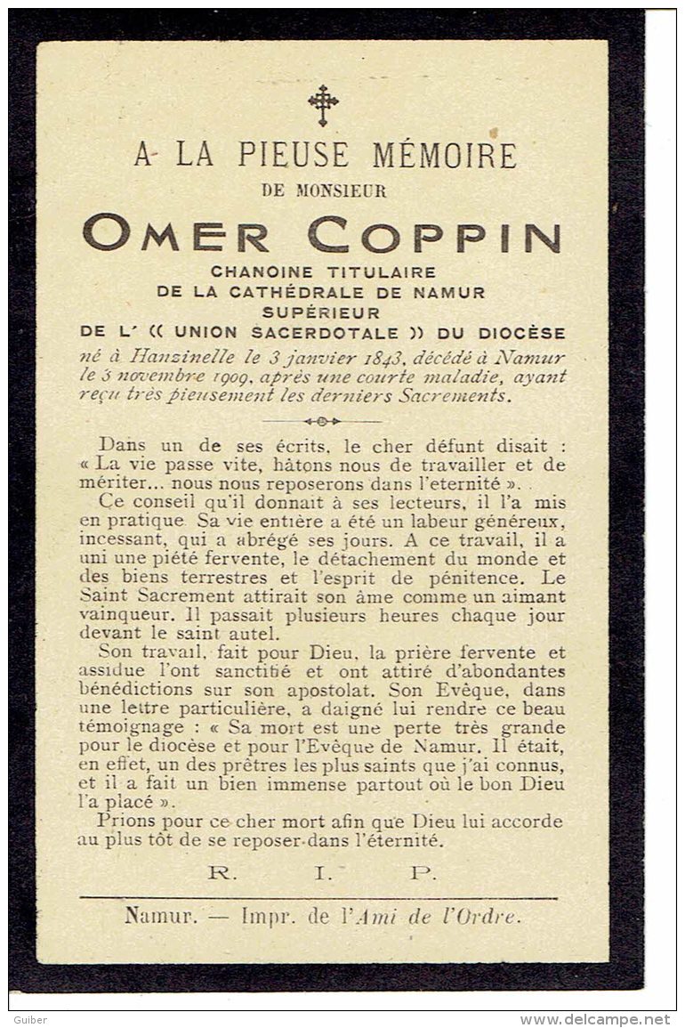 Deces De Omer Coppin Chanoine Titulaire Cathedrale De Namur 1909 - Devotion Images