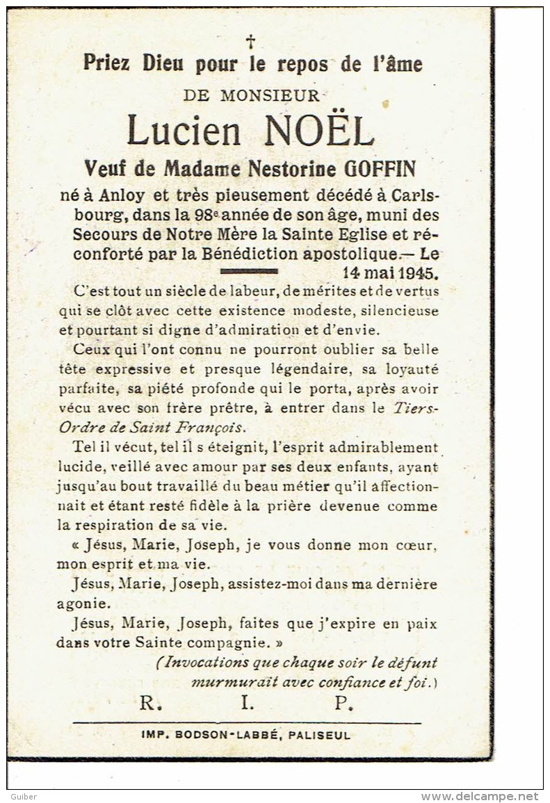 Deces Lucien Noel Né A Anloy Decedé A Calsbourg En 1945 A L'age De 98 Ans - Devotion Images