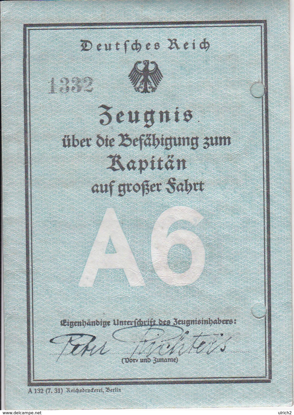 Zeugnis Kapitän Auf Großer Fahrt A6 - Deutsches Reich - Hamburg 1932  (27889) - Diploma & School Reports