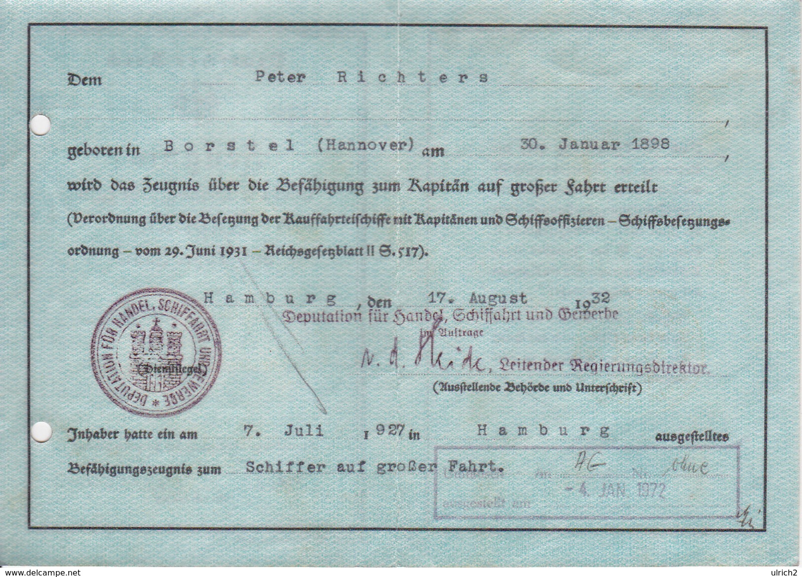 Zeugnis Kapitän Auf Großer Fahrt A6 - Deutsches Reich - Hamburg 1932  (27889) - Diplome Und Schulzeugnisse