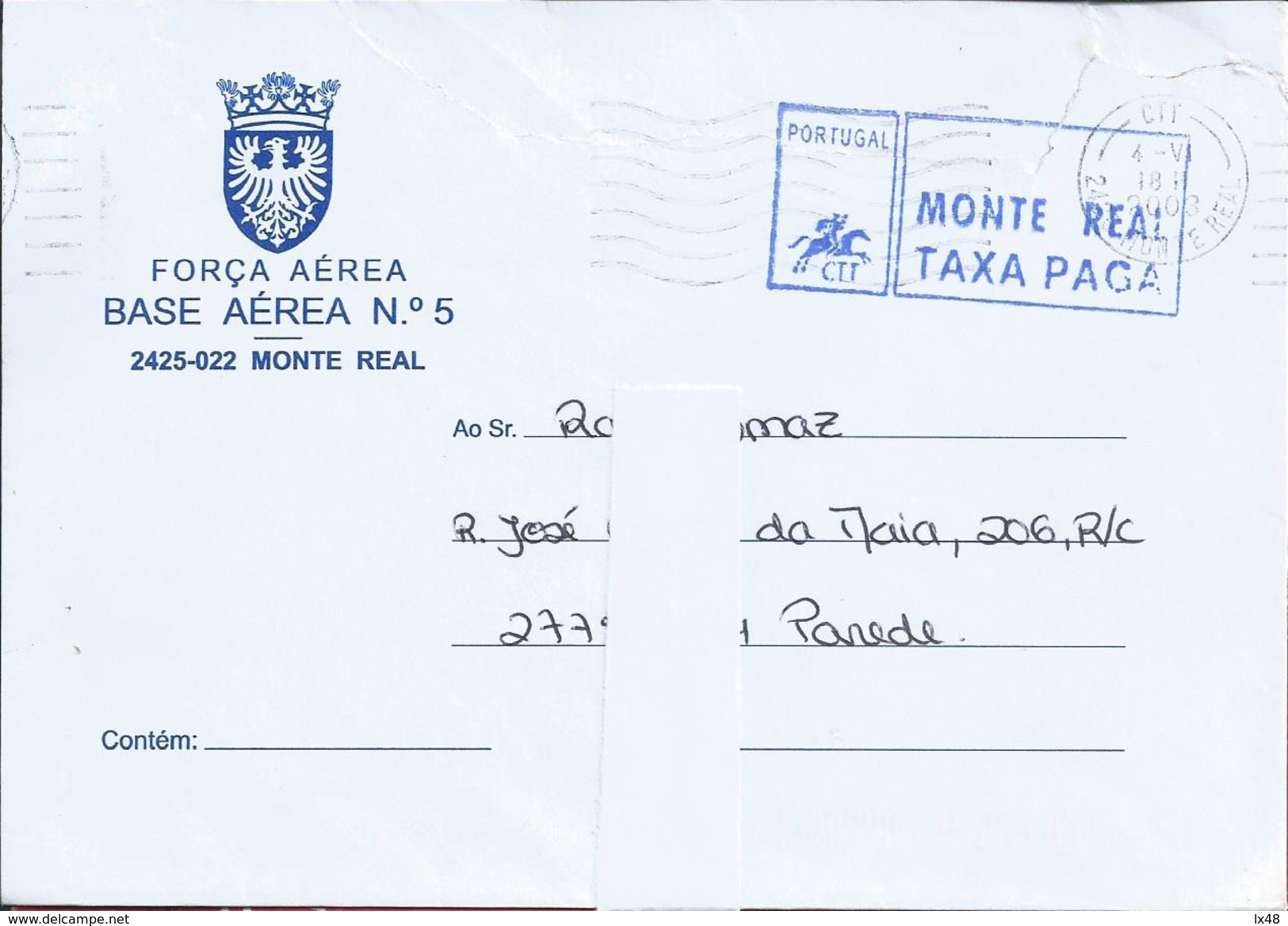 Letter With Fee Paid From The Air Force, Air Base No.5, Monte Real. Brief Mit Gebühr Bezahlt Air Force Air Base Nº.5 - Storia Postale