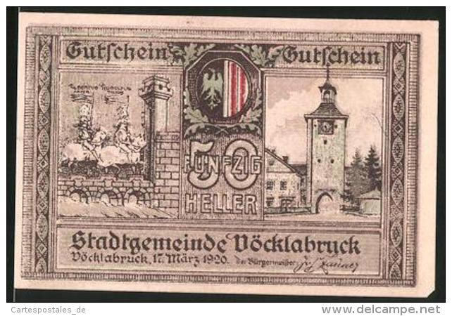 Notgeld Vöcklabruck 1920, 50 Heller, Stadttor, Ortsansicht - Austria