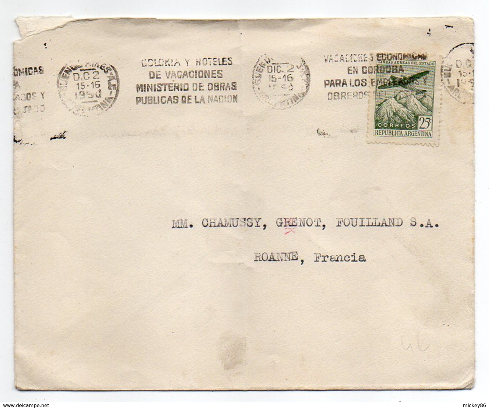 Argentine -lettre De BUENOS-AIRES Pour ROANNE-42- (France) - Timbre Avion Seul Sur Lettre--cachet - Brieven En Documenten