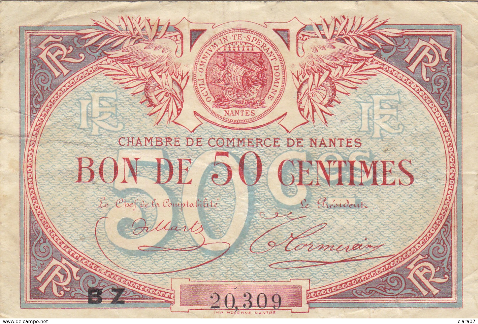 Billet 50 Centimes 50 C Chambre De Commerce De Nantes Série BZ - Chambre De Commerce