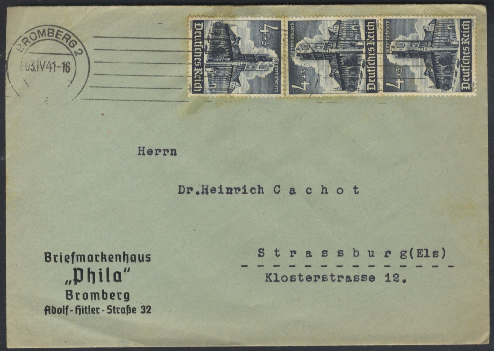 B561 DR Deutsches Reich Brief Bedarf 1941 Paar Sondermarke Mi. 752 Maschinenstempel Bromberg Briefmarkenhaus Phila - Briefe U. Dokumente