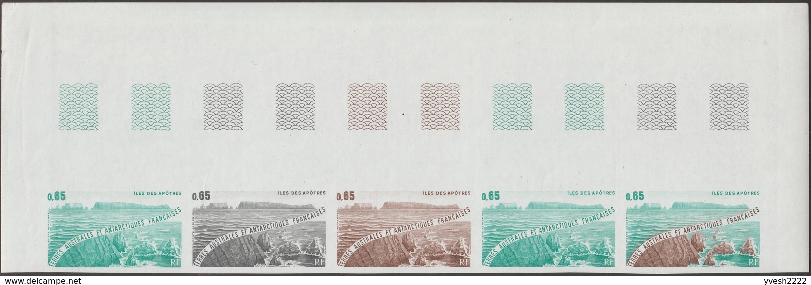 TAAF 1982 Y&T PA73. Bande De 5, Essais De Couleurs. Paysage De L'île Crozet. Îles Des Apôtres D'origine Volcanique - Volcans