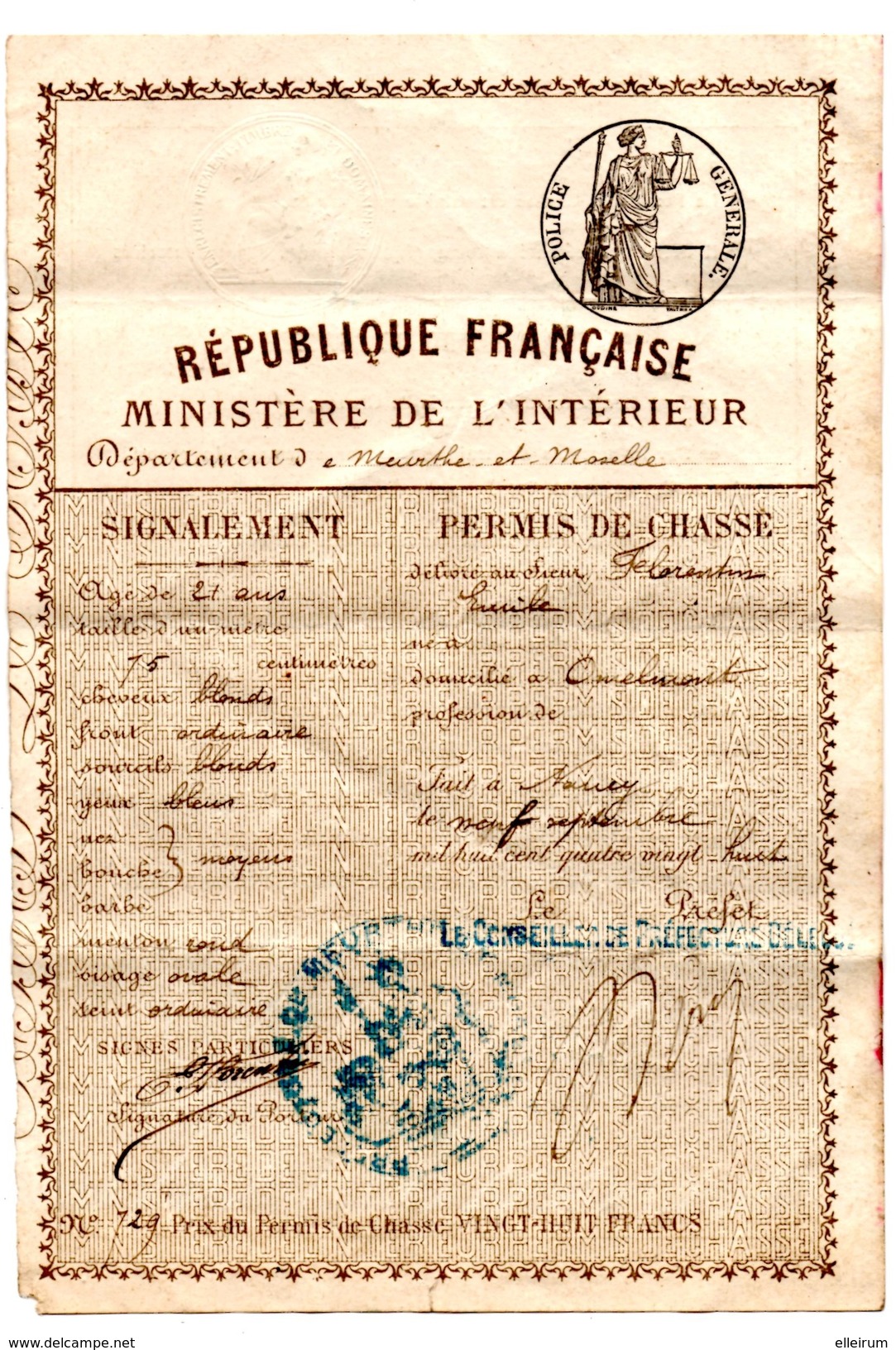 PERMIS De CHASSE. NANCY (54) PREFECTURE De MEURTHE -et-MOSELLE. 1888. DELIVRE Au SIEUR FLORENTIN  EMILE. OMELMONT (54) - Documents Historiques