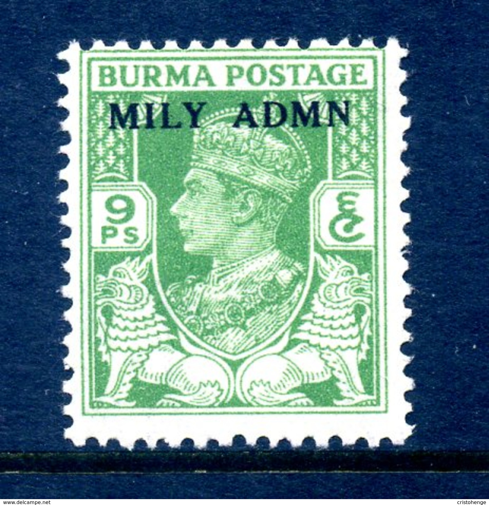 Burma 1945 KGVI Military Administration Overprint - 9p Yellow-green HM (SG 38) - Burma (...-1947)