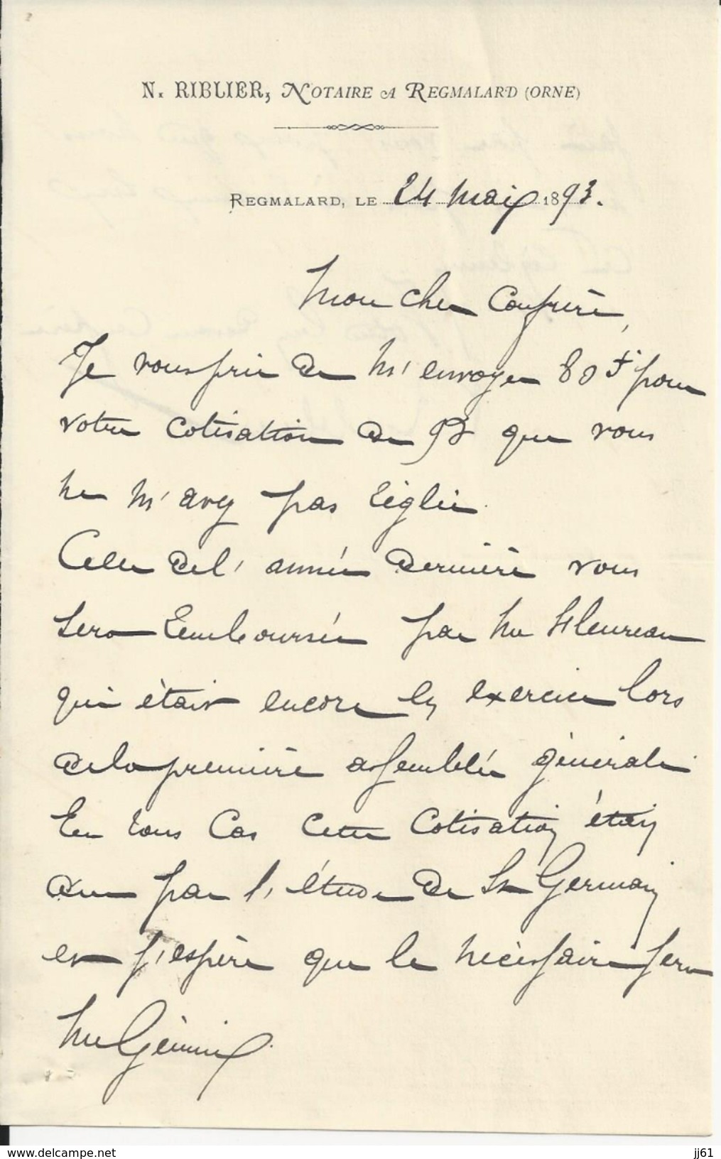 REGMALARD ORNE N RIBLIER NOTAIRE LETTRE ANNEE 1893 - Autres & Non Classés