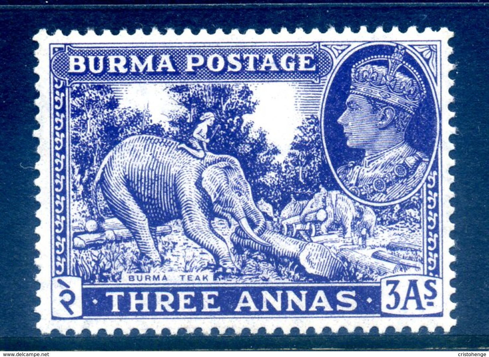 Burma 1946 KGVI New Colours - 3a Teak & Elephant - Blue-violet - HM (SG 57a) - Burma (...-1947)