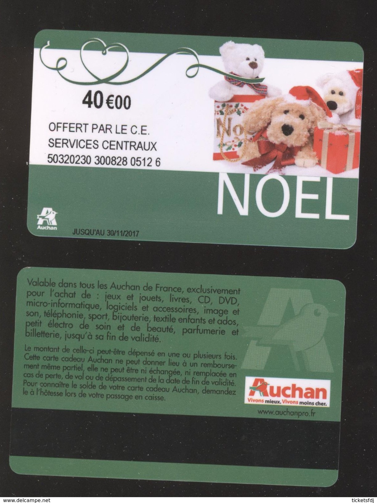 GIFT CARD - Carte Cadeau Auchan - NOEL Vert Foncé - Date Limite à Gauche - 40 &euro; - CE SERVICES CENTRAUX - Cartes Cadeaux