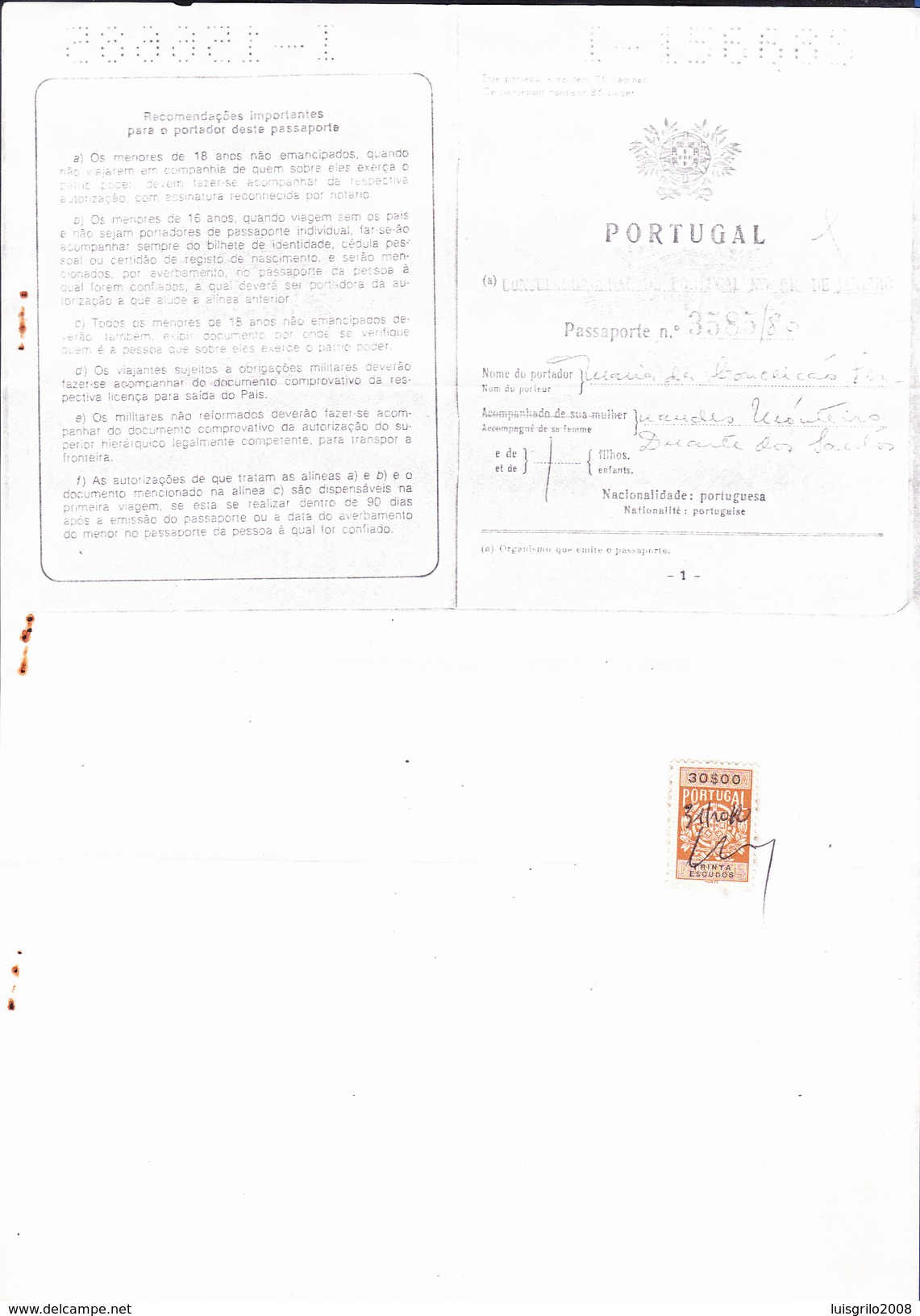 FISCAL / REVENUE - Estampilha Fiscal 30$00, Série 1940. In Document // 2 Images - Covers & Documents