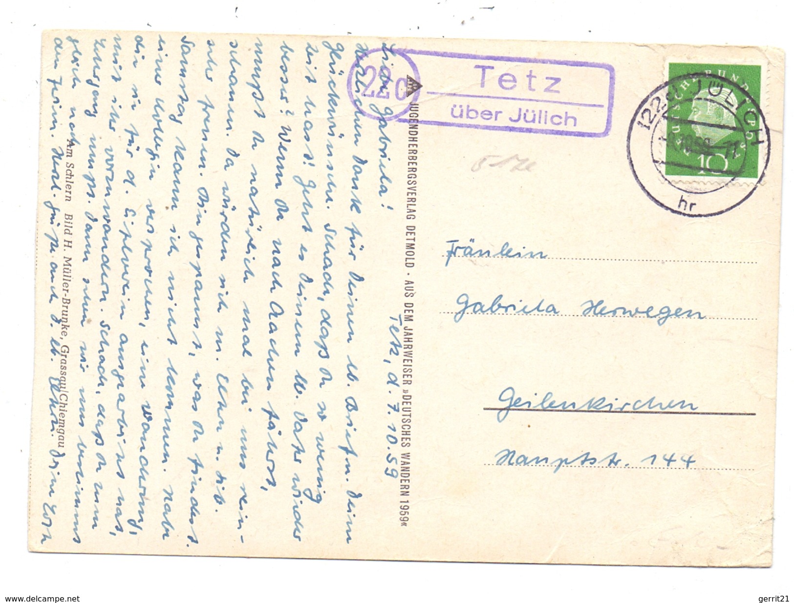 5172 LINNICH - TETZ, POSTGESCHICHTE, Landpoststempel "22c Tetz über Jülich", 1959 - Linnich