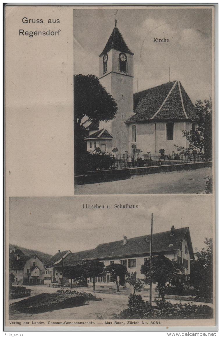 Gruss Aus Regensdorf - Kirche, Hirschen Und Schulhaus - Photo: Max Roon No. 6031 - Regensdorf