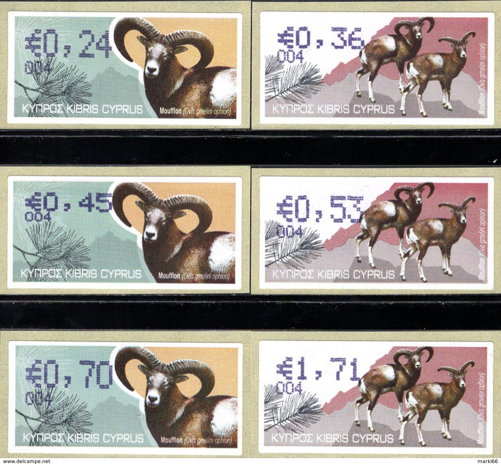 Cyprus - 2010 - Moufflon - Mint Self-adhesive ATM Stamp Set (code 004 - Limassol) - Ongebruikt