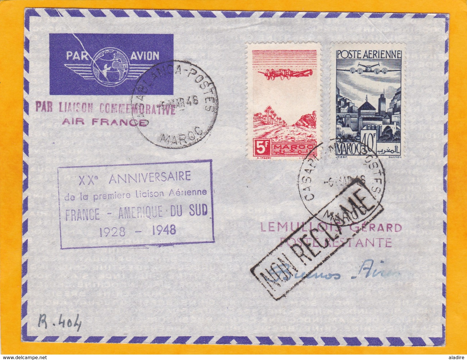 1948 - Envel. Par Avion De  Casablanca Vers Buenos Aires, Argentine - 20e Anniv. 1e Liaison Aérienne France Amerique Du - Lettres & Documents