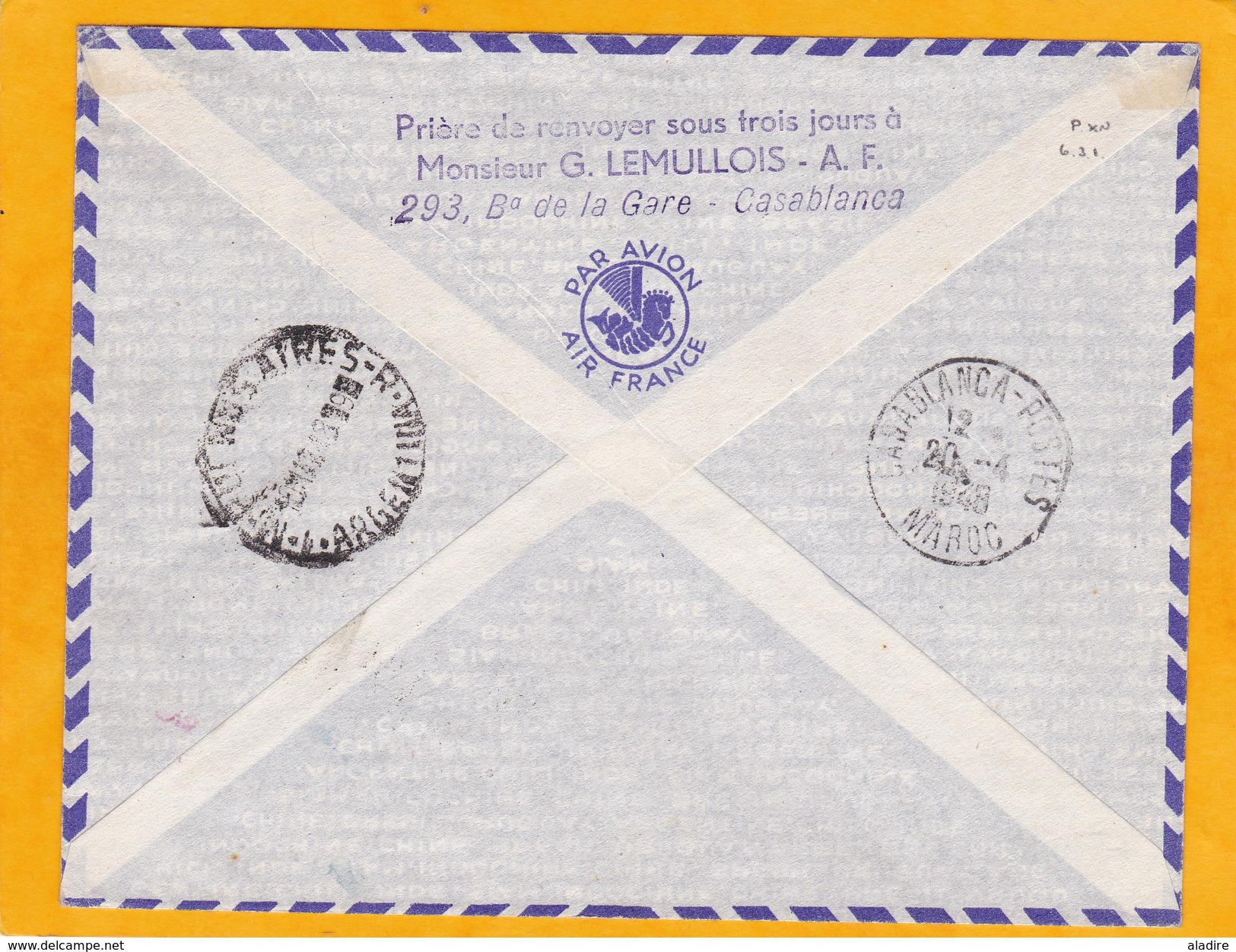 1948 - Envel. Par Avion De  Casablanca Vers Buenos Aires, Argentine - 20e Anniv. 1e Liaison Aérienne France Amerique Du - Lettres & Documents