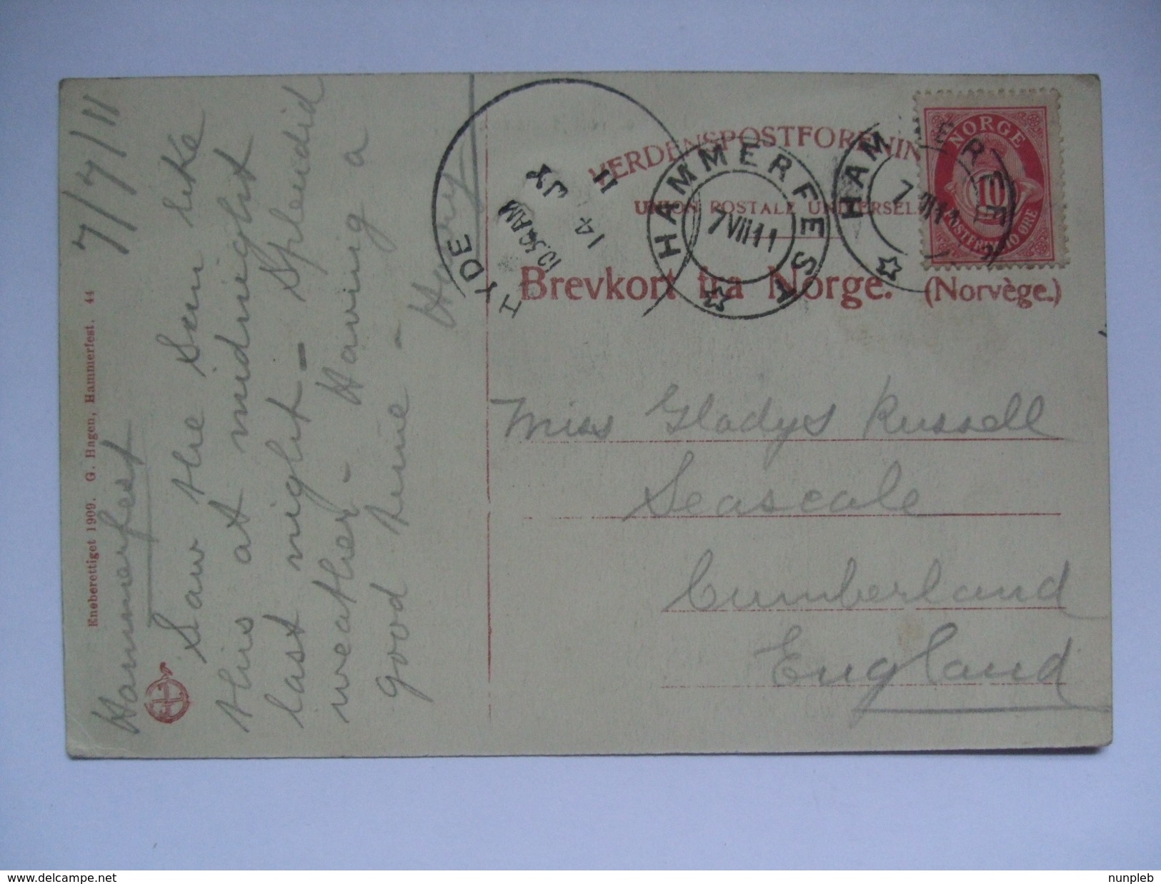 1911 POSTCARD WITH HYDE SKELETON POSTMARK ON NORWAY HAMMERFEST - Briefe U. Dokumente