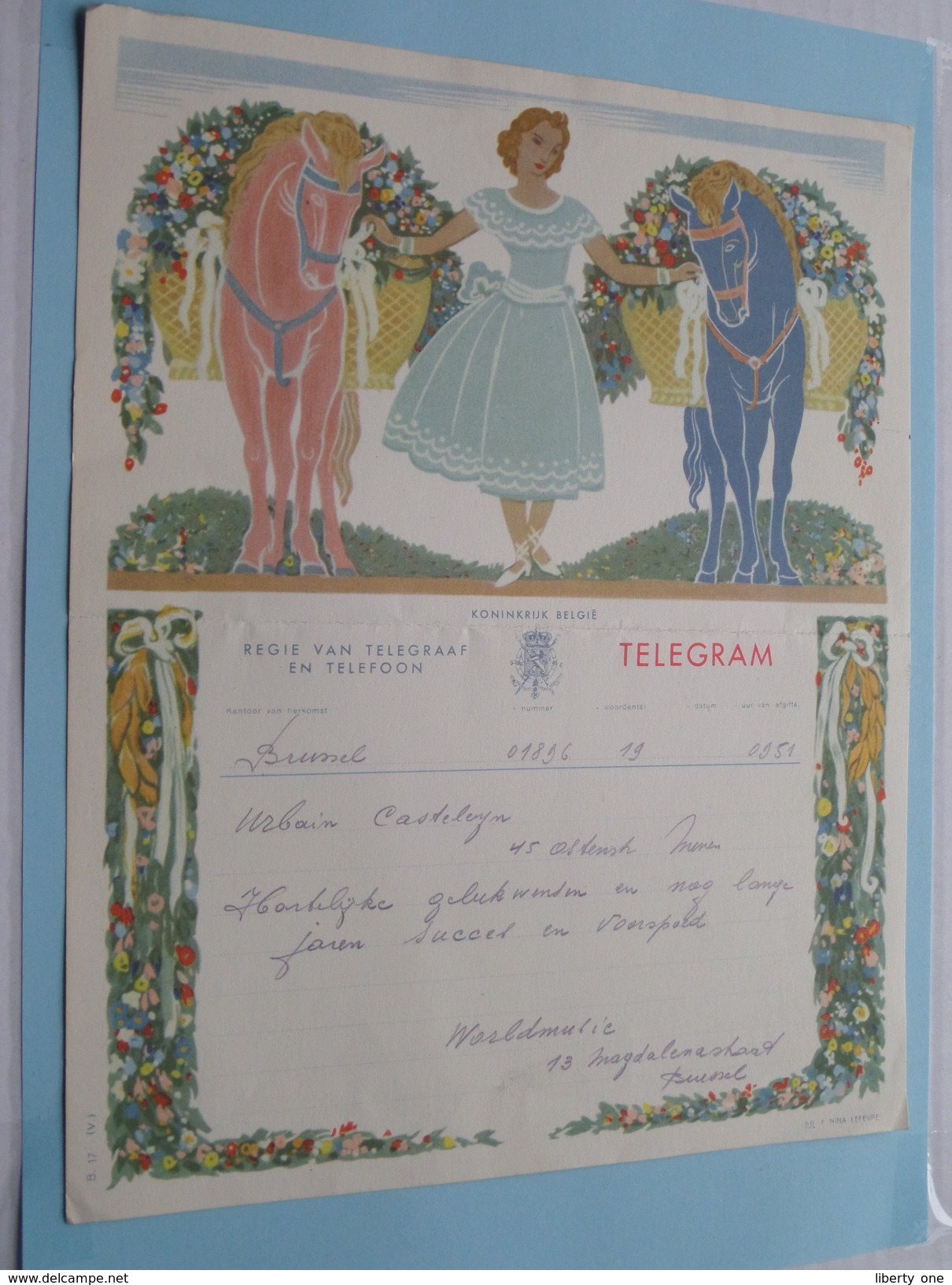 TELEGRAM Voor Urbain Casteleyn MENEN ( Van Worldmusic Brussel ) Anno 1950 / Belgique - Belgium !! - Autres & Non Classés