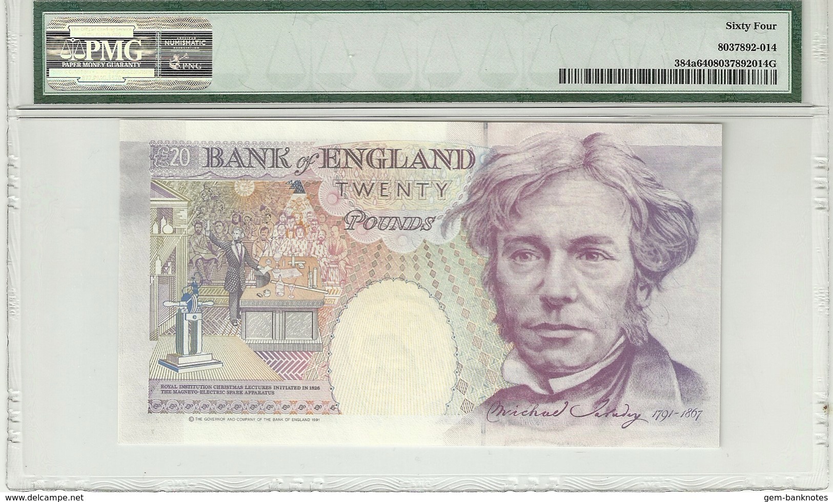 Great Britain 20 Pounds 1991 P384a First Prefix. Very Low Serial Number. Graded 64 Choice UNC By PMG - 20 Pounds