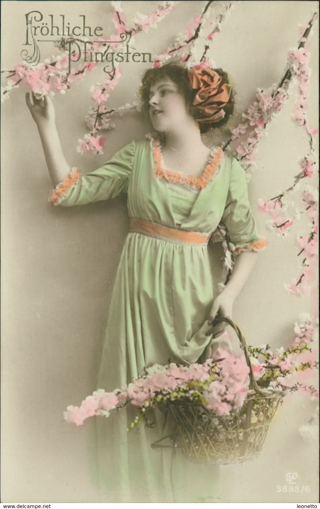AK Fröhliche Pfingsten, Frau In Grünem Kleid, Blüten, Ca. 1900er Jahre (5754) - Pentecôte