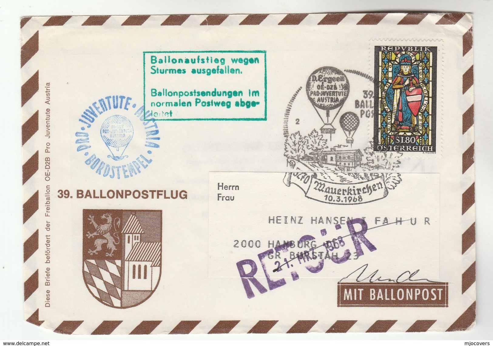 1968 Mauerkirchen  AUSTRIA Special BALLOON FLIGHT COVER Stamps Pro Juventute   Ballooning Returned - Altri (Aria)