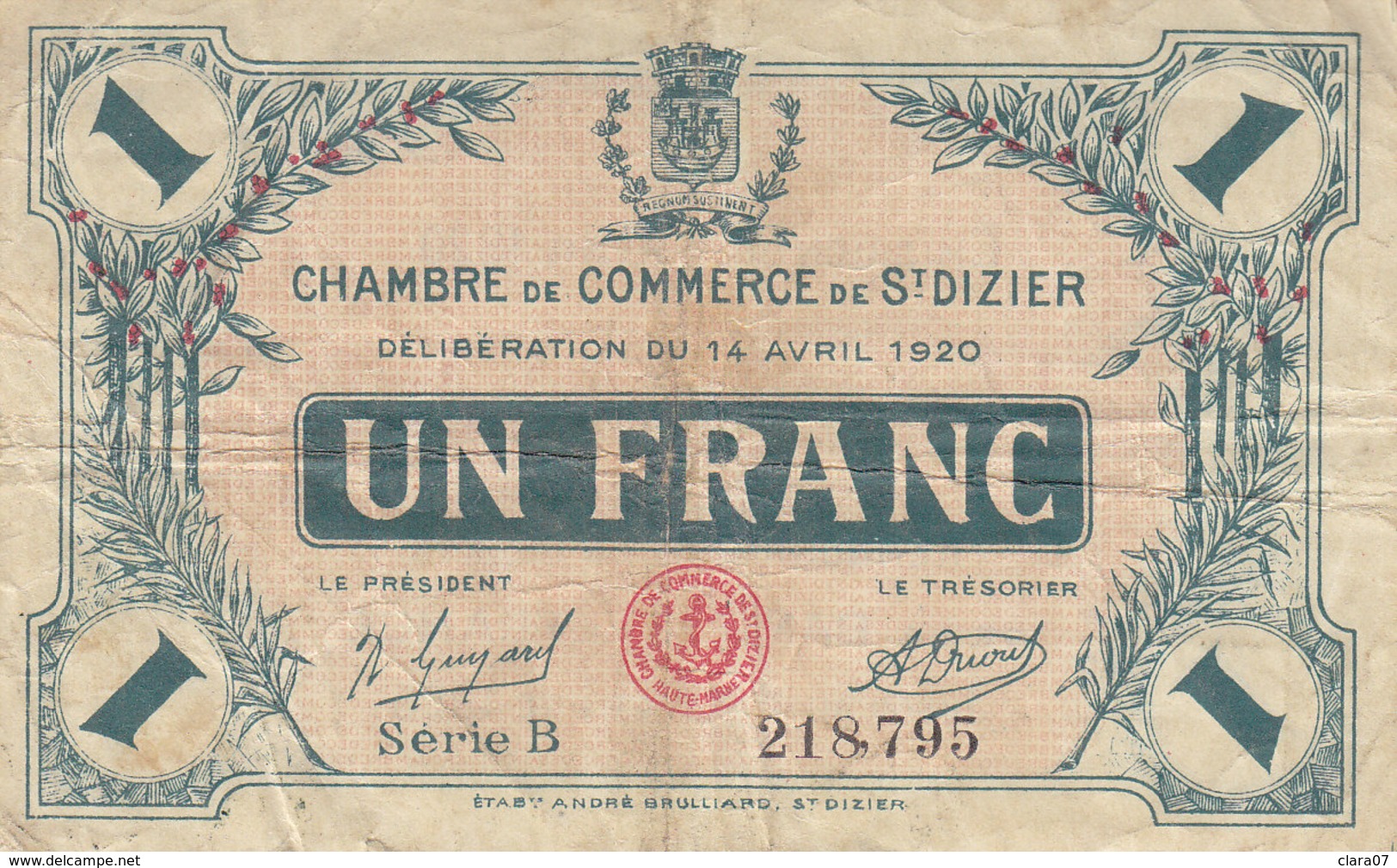 Billet 1 Franc 1 F Chambre De Commerce De Saint Dizier 1920 - Chambre De Commerce