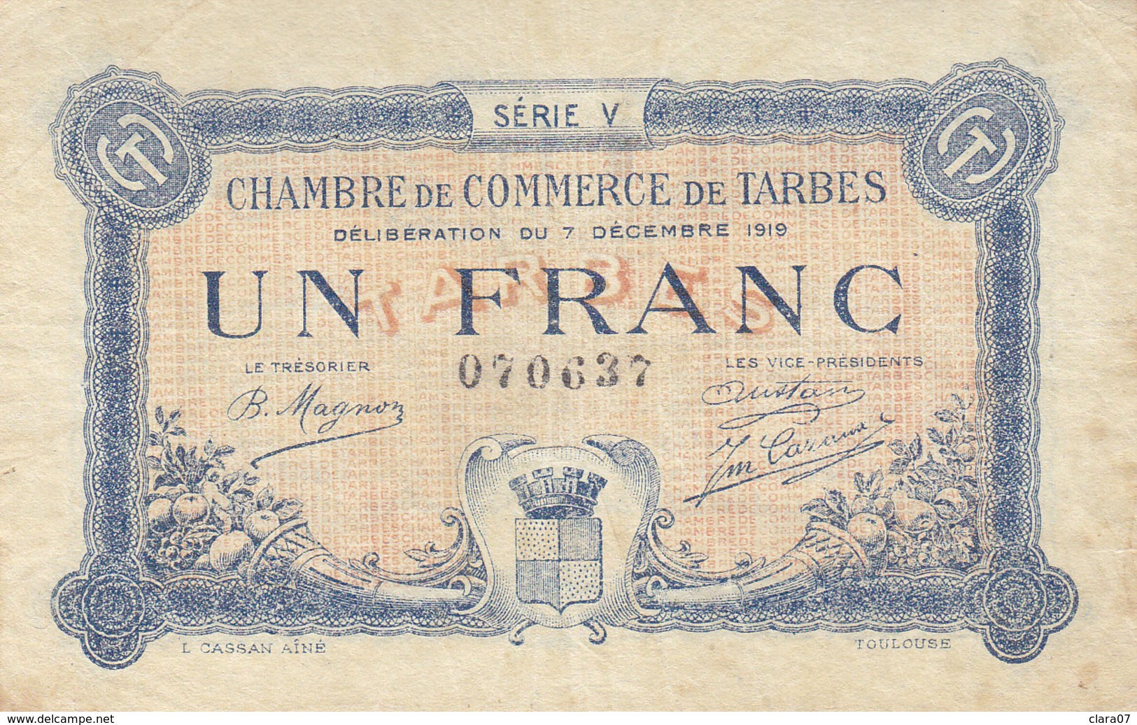 Billet 1 Franc 1 F Chambre De Commerce De Tarbes 1919 Série V - Chambre De Commerce