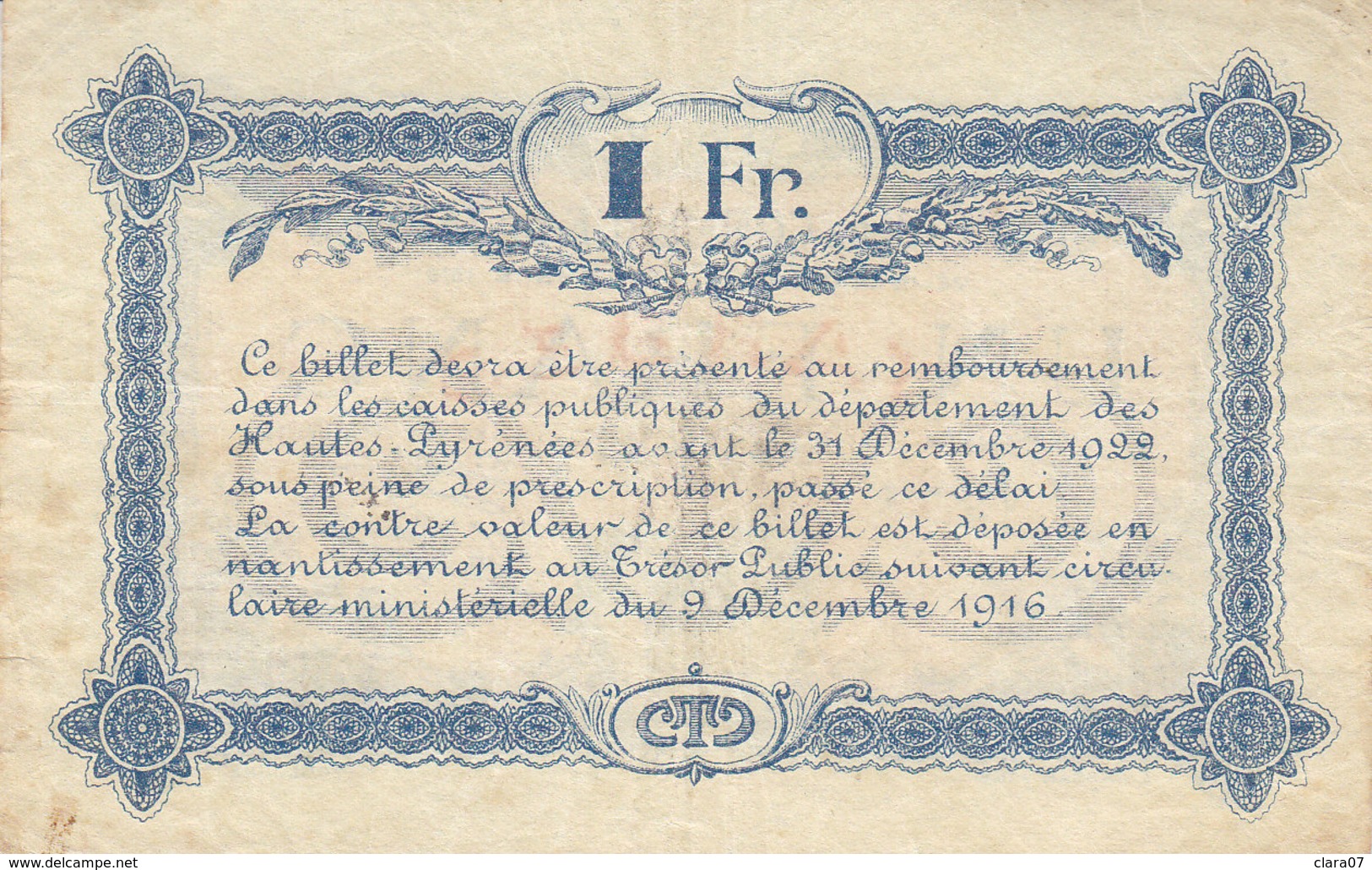 Billet 1 Franc 1 F Chambre De Commerce De Tarbes 1919 Série V - Chambre De Commerce