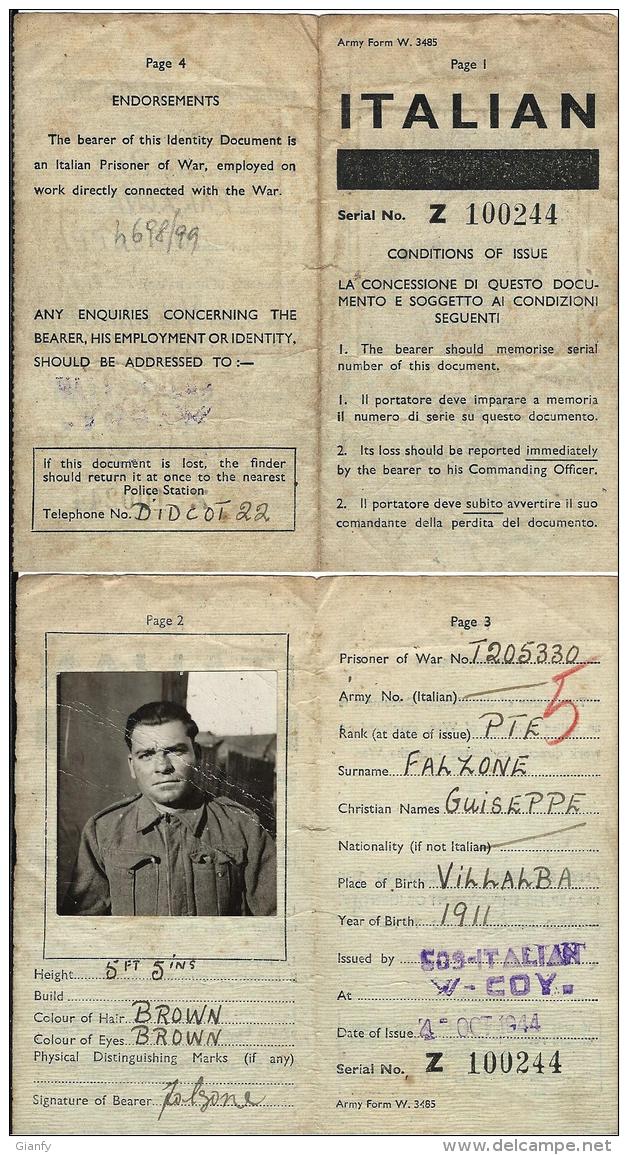 IDENTITY CARD POW CAMP 605 SUNDERLAND GREAT BRITAIN 1944 ITALIAN POW VILLALBA - Posta Militare (PM)