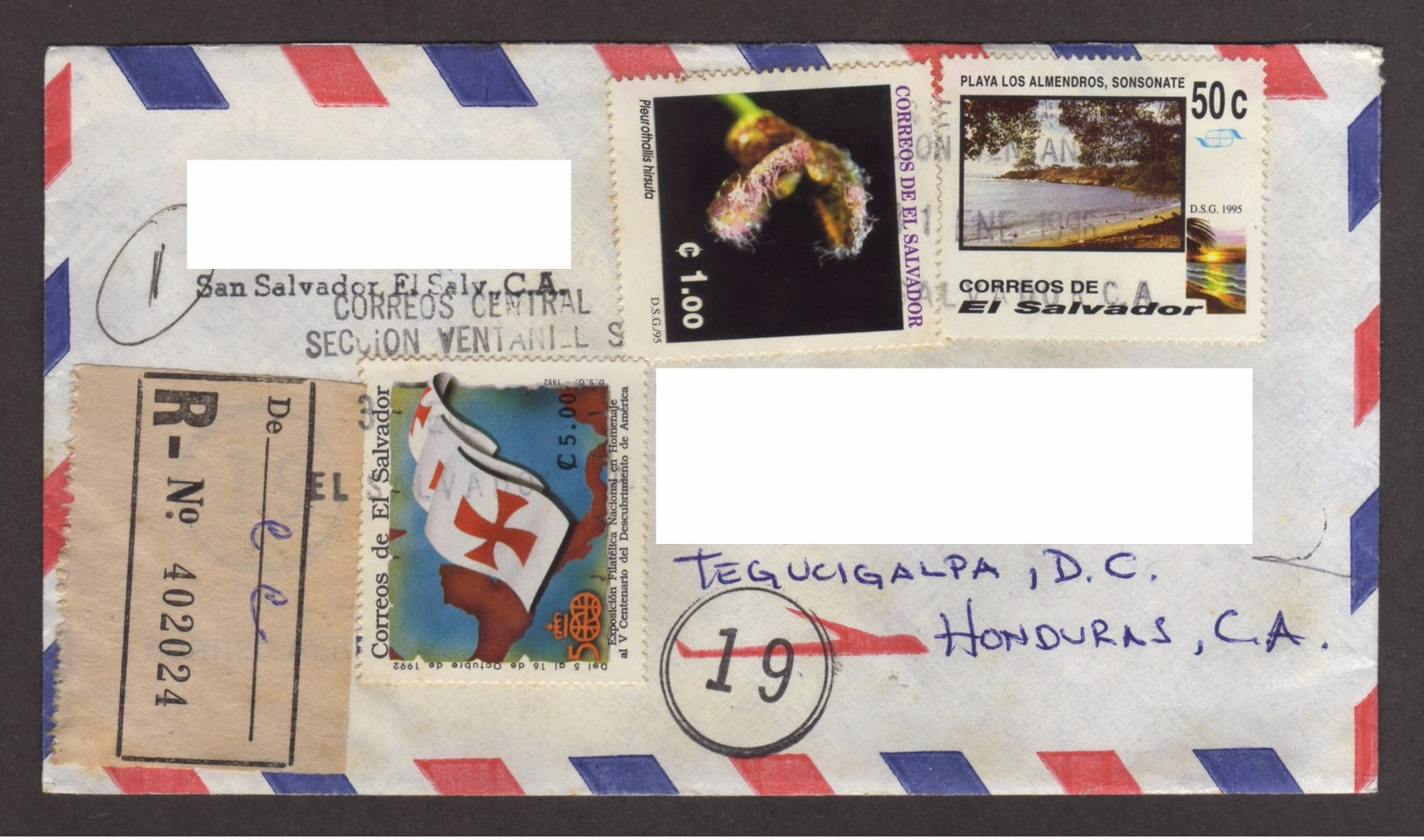 El Salvador, Cover Sent San Salvador-Tegucigalpa, Stamps V Centennial Discovery America, Flowers, Beaches, 1996 - El Salvador