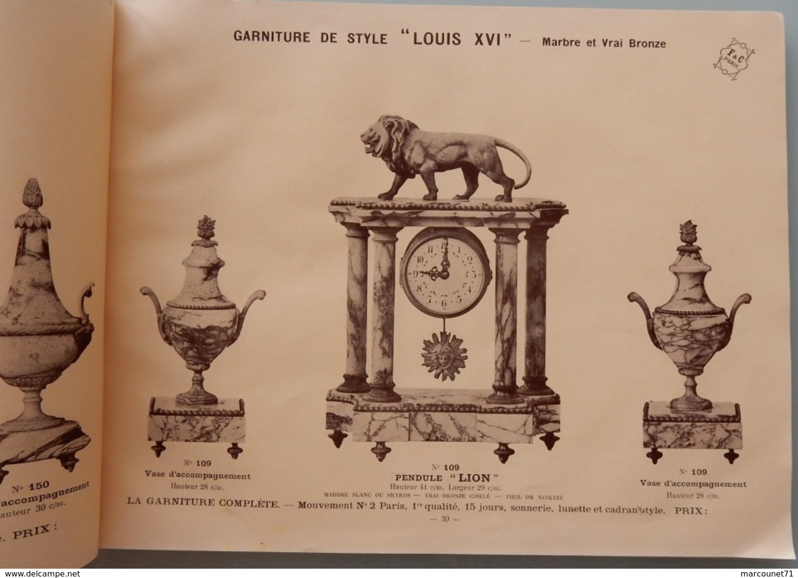 RARE CATALOGUE GARNITURE DE STYLE MARBRE ET BRONZE F ET C PARIS FISSEAU COCHOT HORLOGERIE