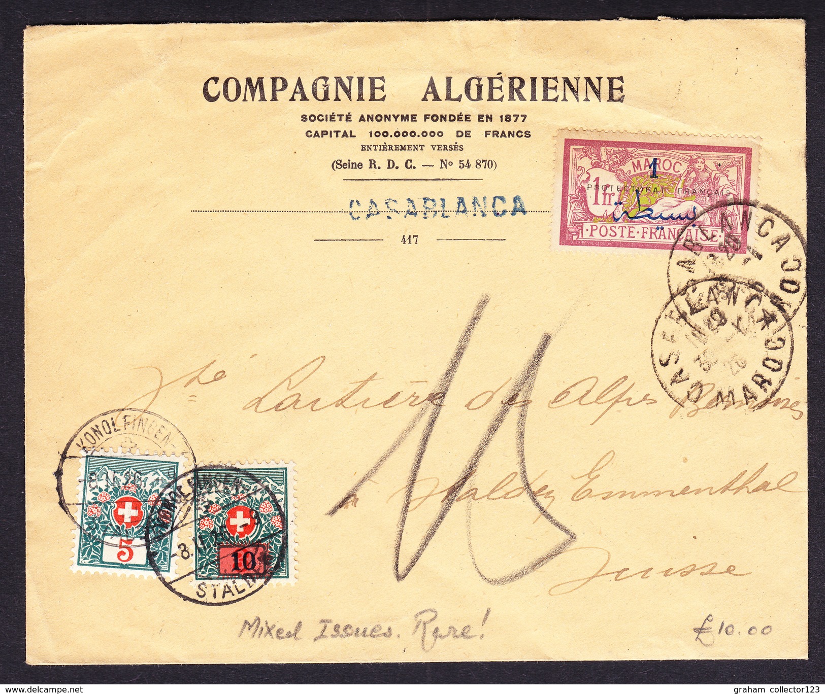 1926 Poste Francaise Maroc French Morocco Stamp On Cover Casablanca To Switzerland Displaying 2 Swiss Postage Due Lettre - Briefe U. Dokumente