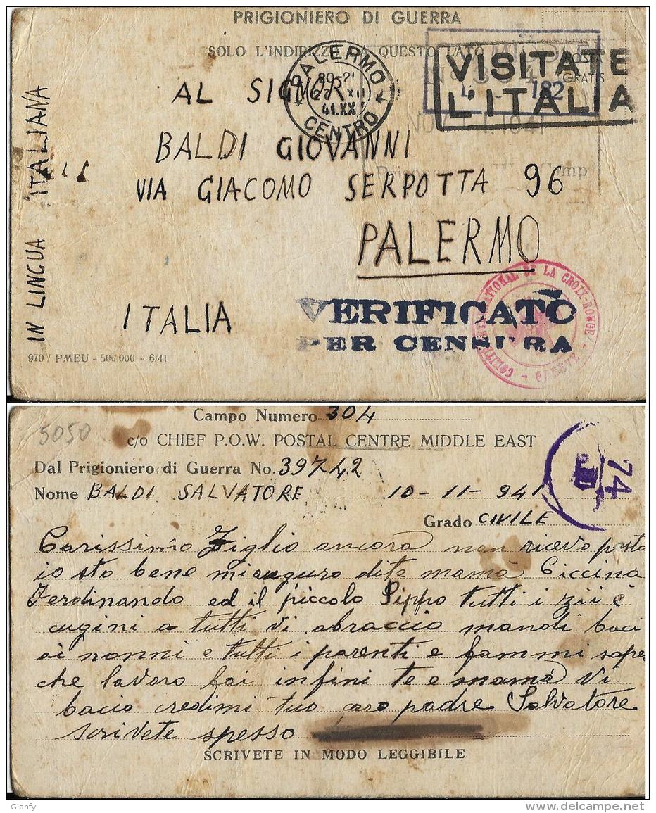 CARTOLINA PRIGIONIERI POW CAMP 304 HELWAN EGITTO 1941 X PALERMO INTERNATO CIVILE - Military Mail (PM)