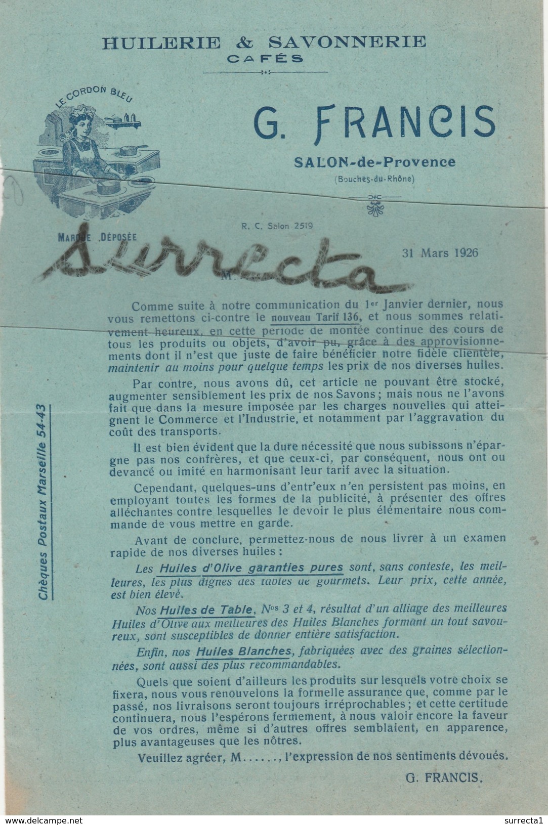 Tarif N° 136 Du 31 Mars 1926 / Huilerie Savonnerie G. Francis / Huile D'olive / 13 Salon De Provence BDR - Otros & Sin Clasificación