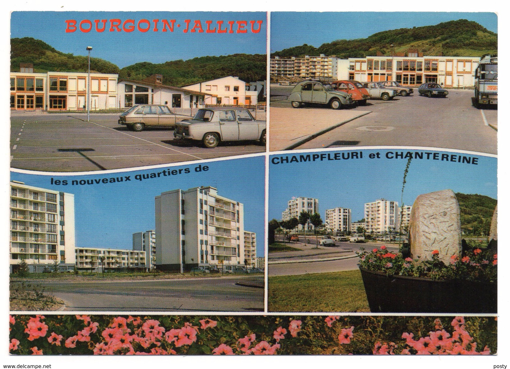 CPSM - BOURGOIN-JALLIEU - CHAMPFLEURI - CHANTEREINE - VOITURES - R8 - R16 - 2CV - Multivues - Coul - Ann 70 - Unique ! - - Bourgoin