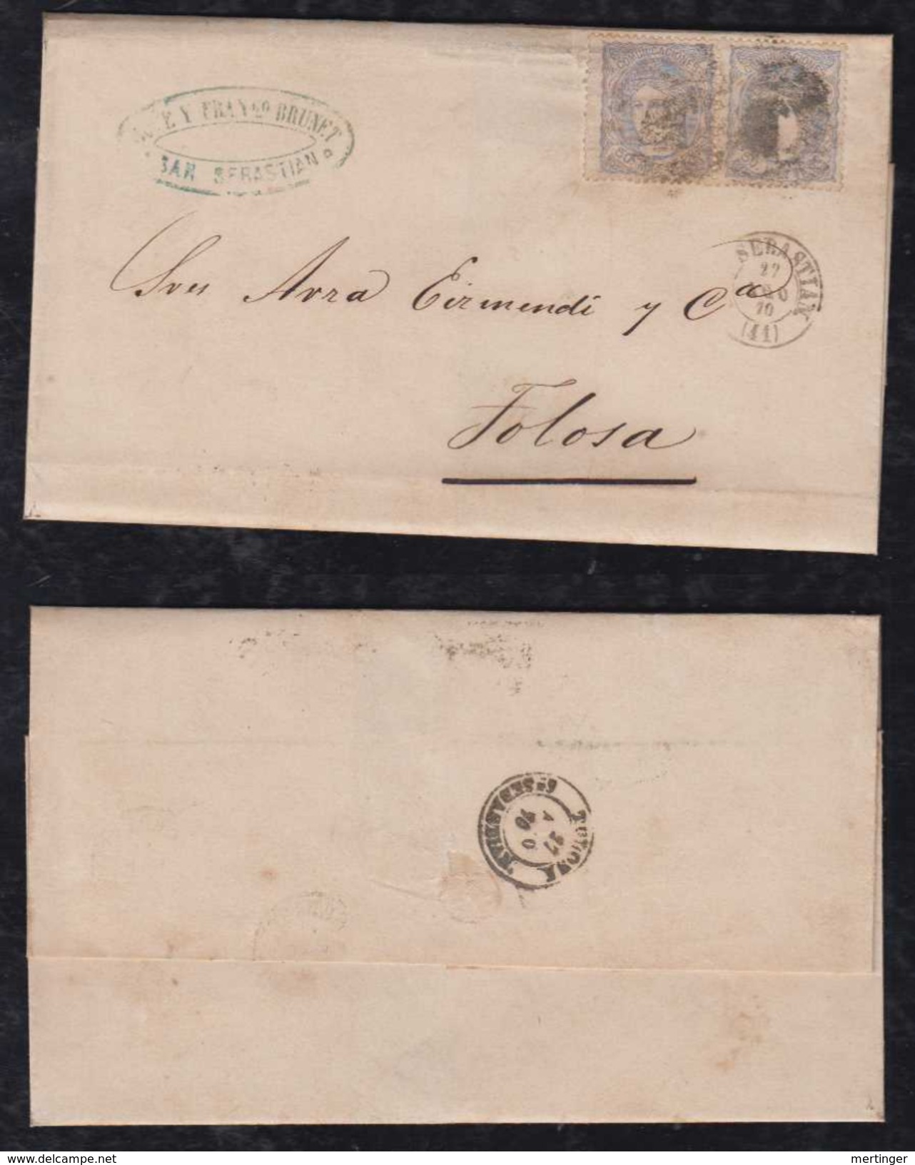 Spain 1870 Cover Pair 50M SAN SEBASTIAN To TOLOSA - Cartas & Documentos