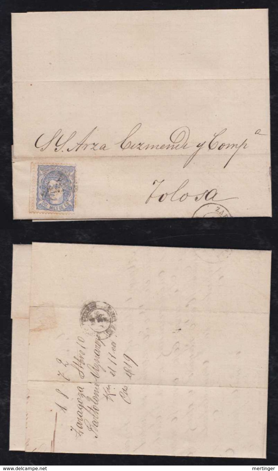 Spain 1872 Cover Stamp With Margin ZARAGOZA - Lettres & Documents