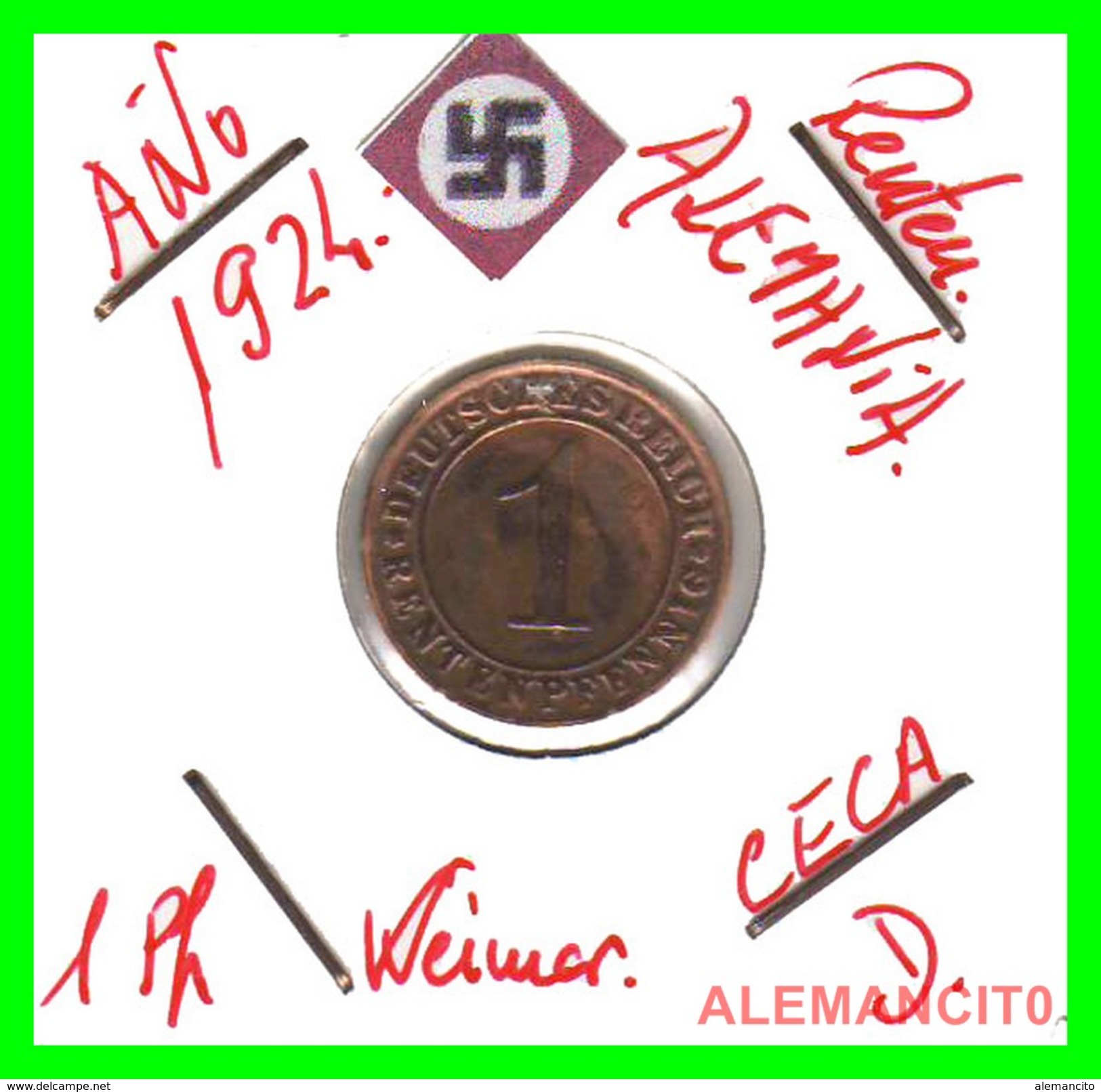 GERMANY, WEIMAR REPUBLIC 1923-1929 RENTENPFENNIG AÑO 1924-D Bronze - 1 Rentenpfennig & 1 Reichspfennig