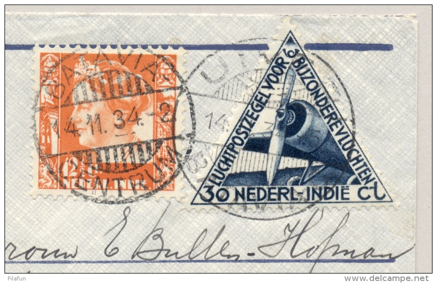 Nederlands Indië - 1934 - 12,5 Cent Wilhelmina Type Kreisler Met LP-zegel Op Uivervlucht Van Batavia Naar Bloemendaal - Nederlands-Indië