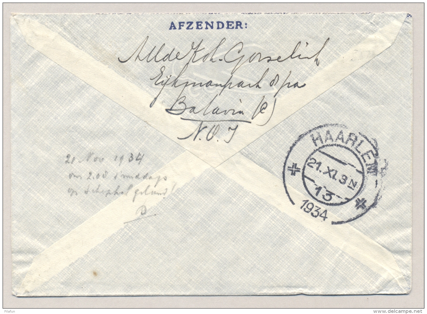 Nederlands Indië - 1934 - 12,5 Cent Wilhelmina Type Kreisler Met LP-zegel Op Uivervlucht Van Batavia Naar Bloemendaal - Nederlands-Indië