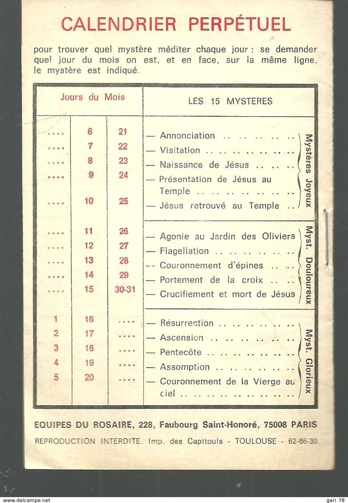 Depliant EQUIPES Du ROSAIRE Comportant Les Dates Des Fêtes Religieuses - Autres & Non Classés