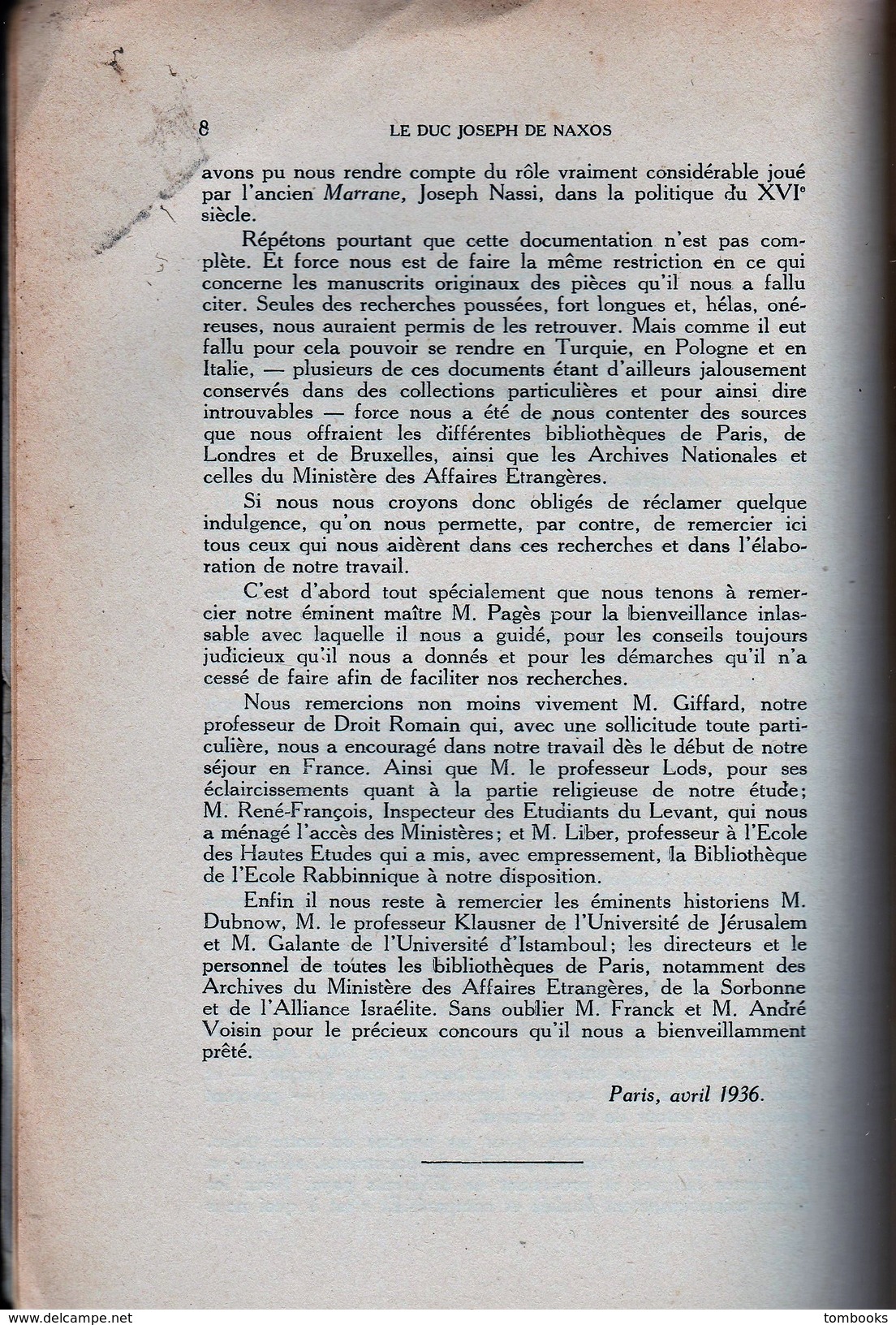 Le Duc Joseph De Naxos - Livre - Contribution à L'Histoire Juive Du XVI E Siècle - Jacob Reznik ( J . Ha - Rosin ) 1936 - Religión