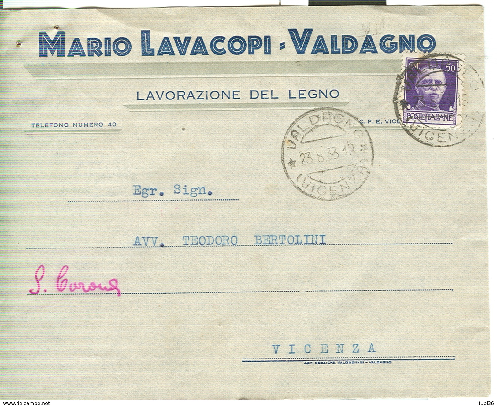 MARIO LAVACOPI - VALDAGNO,VICENZA - BUSTA COMMERCIALE VIAGGIATA 1933, TIMBRO POSTE VALDAGNO, - Historische Dokumente