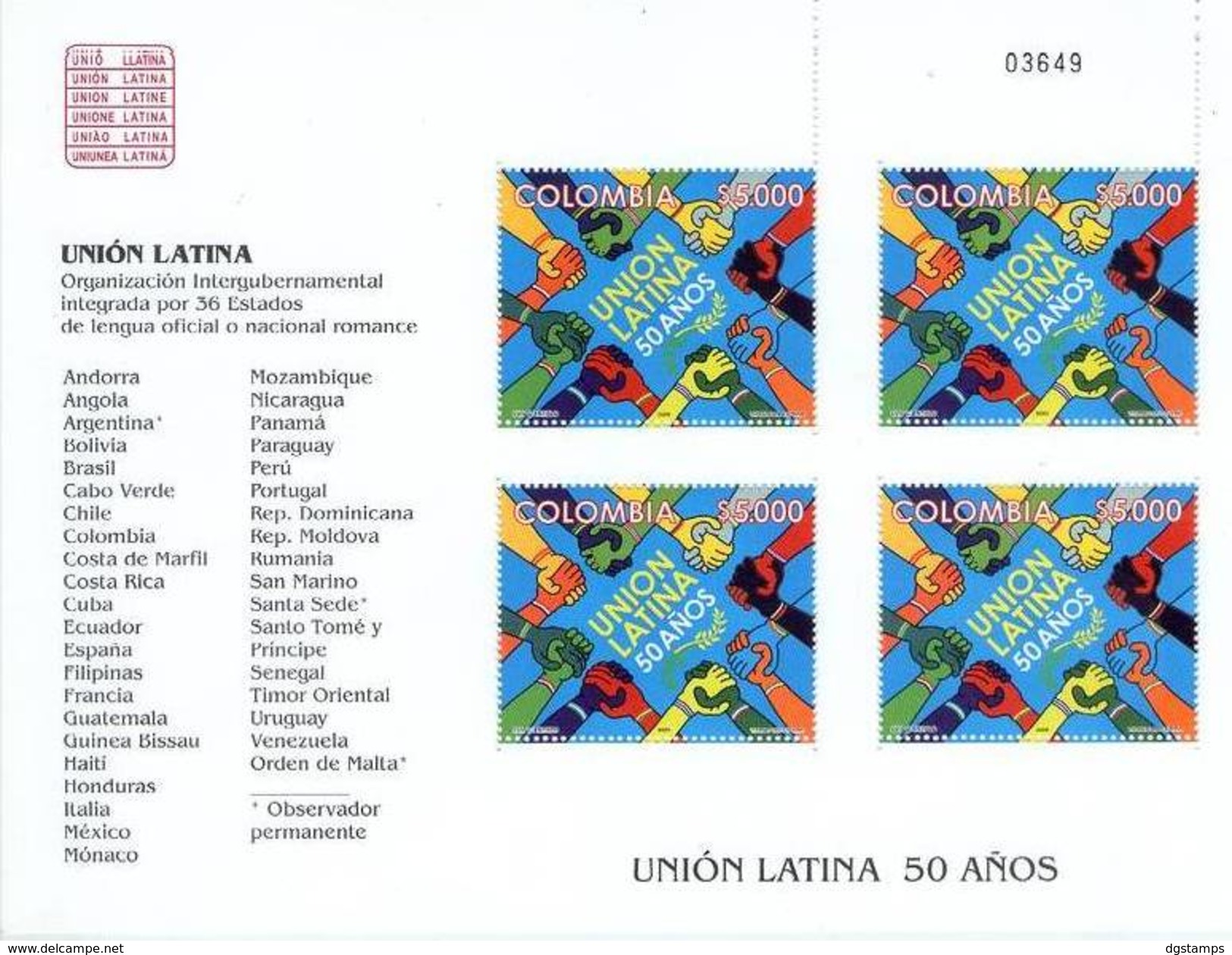 Colombia 2005 YT 1345 ** MP 50 Años De La Union Latina. See Desc. - Colombia